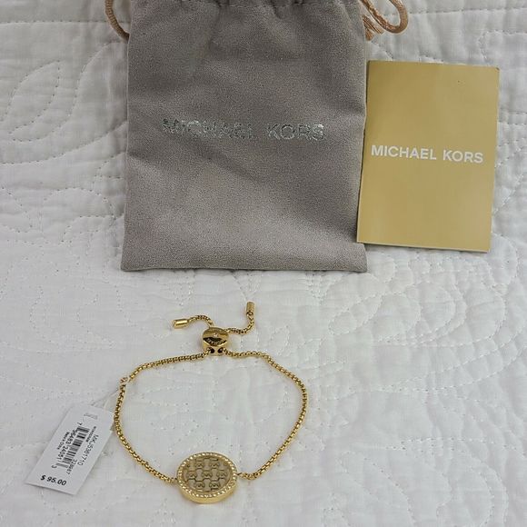 Michael Kors monogram logo circle pave cuban chain yellow gold slider bracelet - Picture 1 of 7